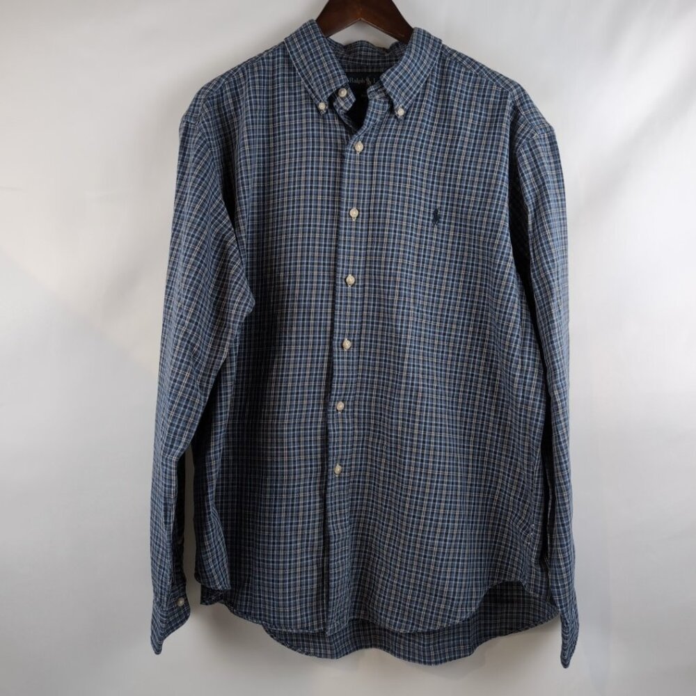 True Vintage Ralph Lauren Men's Blue Plaid Long Sleeve Button Up Shirt, X-Large